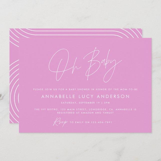Baby shower script modern bright cerise pink girly invitation (Front/Back)