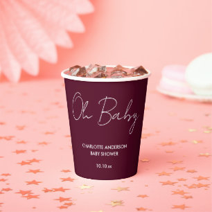 Baby shower script modern burgundy elegant paper cups