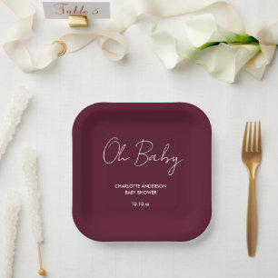 Baby shower script modern burgundy elegant paper plate