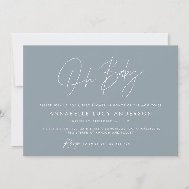 Baby shower script modern dusty blue boho photo invitation (Front)