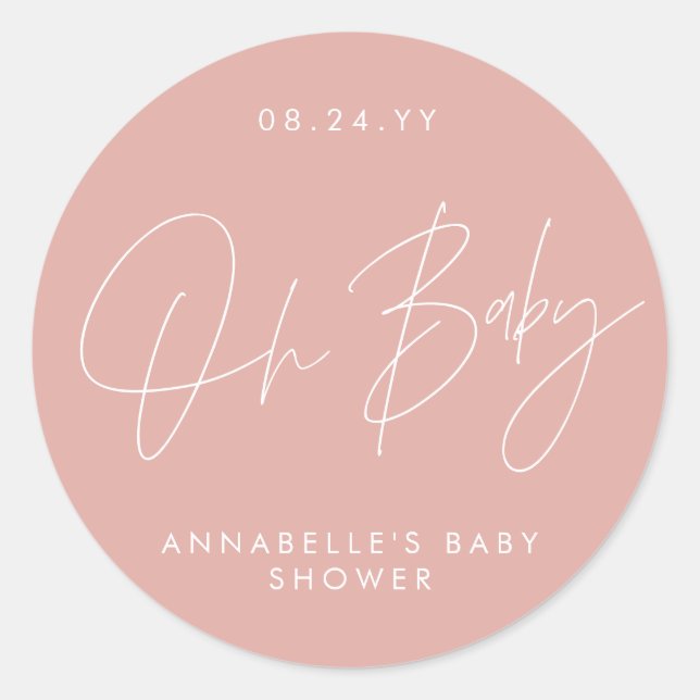 Baby shower script modern girly rose pink elegant classic round sticker (Front)