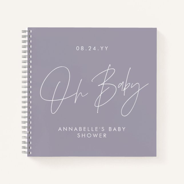 Baby shower script modern lilac purple guest notebook (Front)