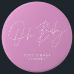 Baby shower script modern minimal cerise pink 6 cm round badge<br><div class="desc">Baby shower script modern bright girly cerise pink and white elegant party decor attire button design. Ideal contemporary minimal baby shower party design.</div>