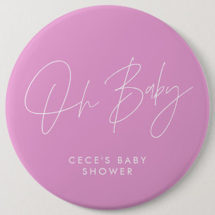 Baby shower script modern minimal cerise pink 6 cm round badge