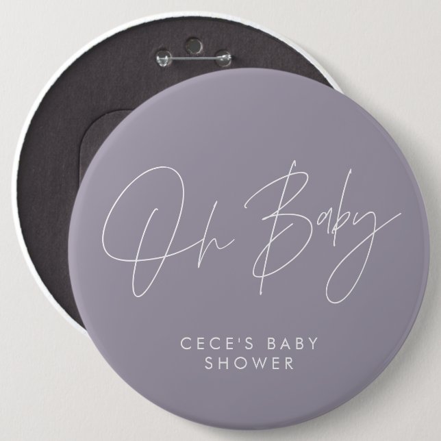 Baby shower script modern minimal lilac purple 6 cm round badge (Front & Back)