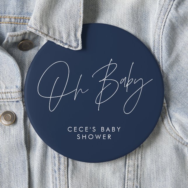 Baby shower script modern minimal navy blue 6 cm round badge (In Situ)