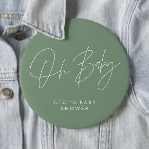 Baby shower script modern minimal sage green 6 cm round badge