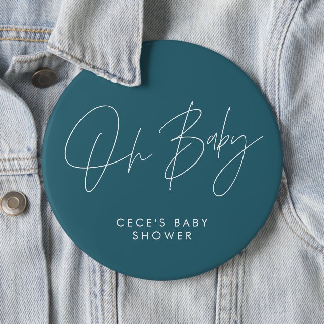 Baby shower script modern minimal teal blue 6 cm round badge (In Situ)
