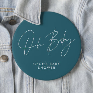 Baby shower script modern minimal teal blue 6 cm round badge