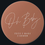 Baby shower script modern minimal terracotta 6 cm round badge<br><div class="desc">Baby shower script modern bohemian natural terracotta and white elegant party decor attire button design. Ideal contemporary minimal baby shower party design.</div>