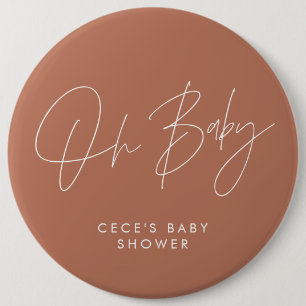 Baby shower script modern minimal terracotta 6 cm round badge