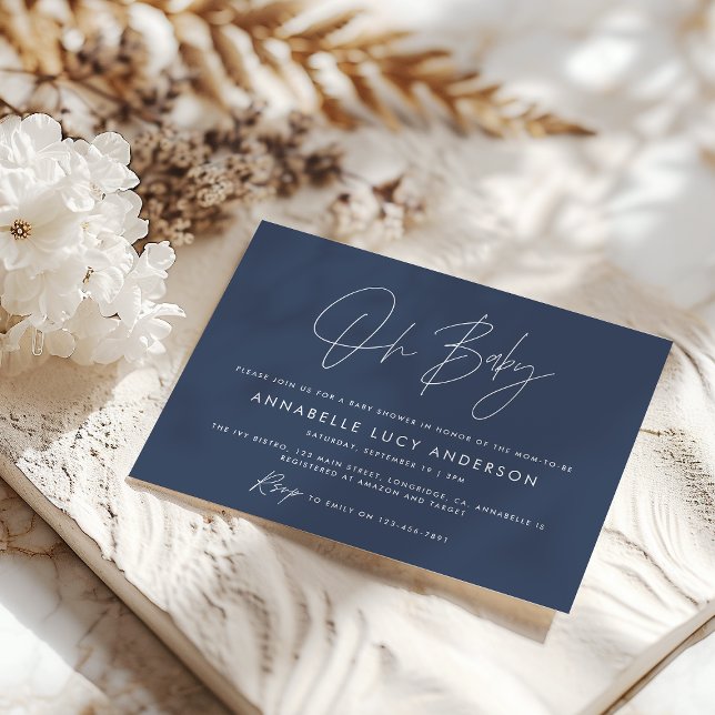 Baby shower script modern navy blue boho invitation (Creator Uploaded)
