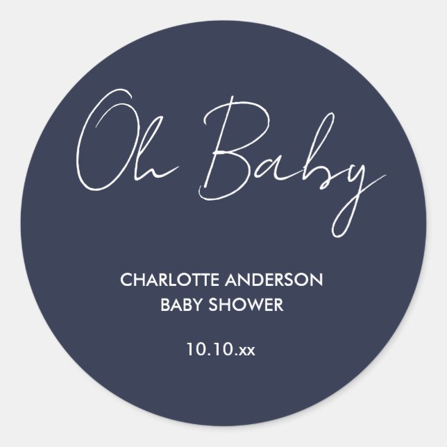 Baby shower script modern navy blue elegant classic round sticker (Front)