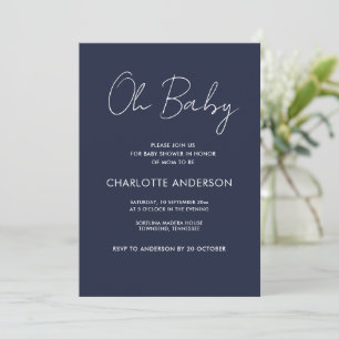 Baby shower script modern navy blue elegant invitation