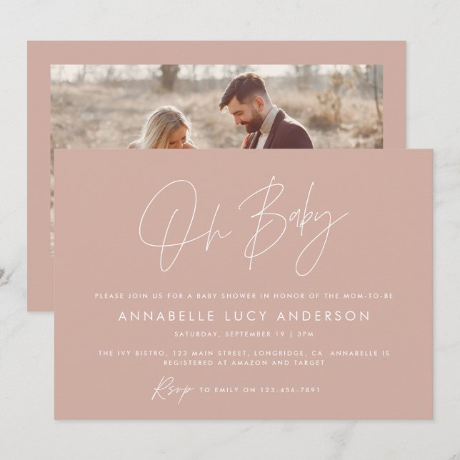 Baby shower script modern photo pink terracotta invitation (Front/Back)