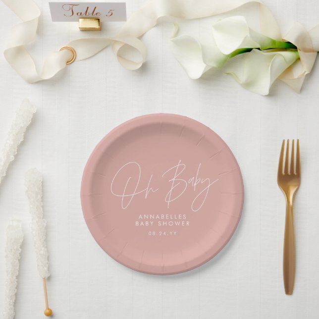 Baby shower script modern rose pink girly elegant paper plate (Wedding)