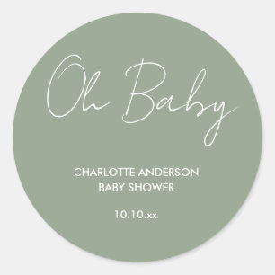 Baby shower script modern sage green elegant classic round sticker