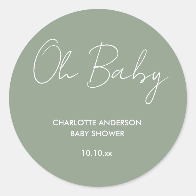 Baby shower script modern sage green elegant classic round sticker (Front)