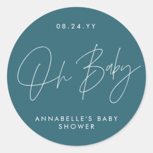 Baby shower script modern sage green elegant classic round sticker