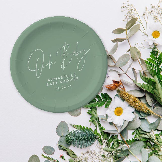 Baby shower script modern sage green elegant  paper plate (Creator Uploaded)