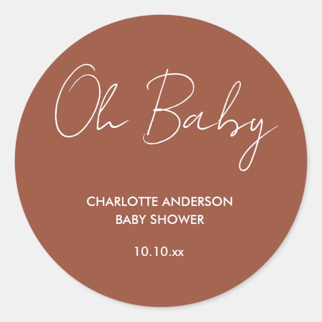Baby shower script modern terracotta brown elegant classic round sticker (Front)
