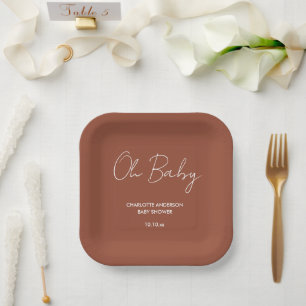 Baby shower script modern terracotta brown elegant paper plate