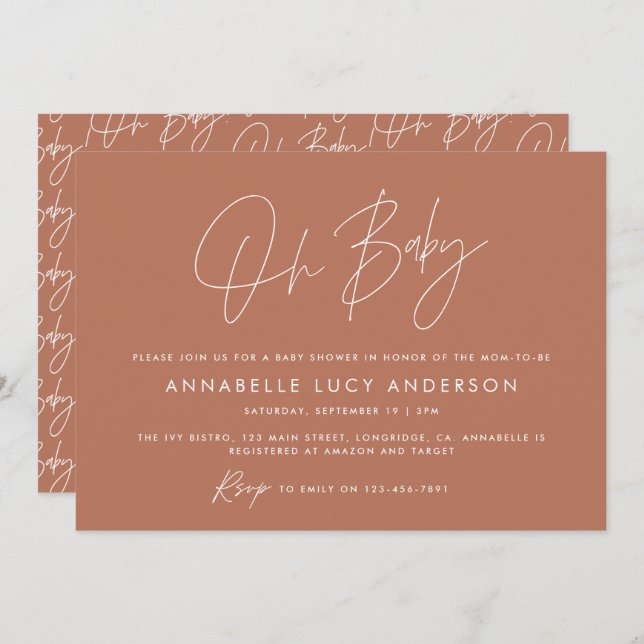 Baby shower script modern terracotta elegant invit invitation (Front/Back)