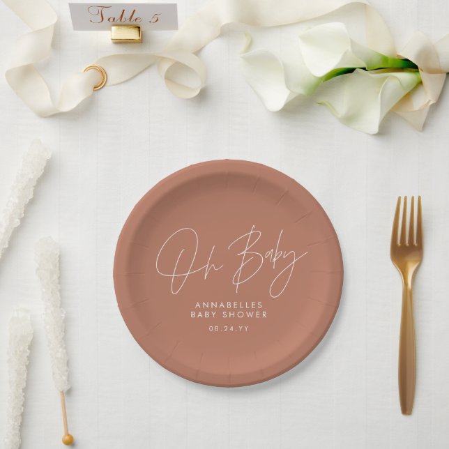 Baby shower script modern terracotta elegant paper plate (Wedding)