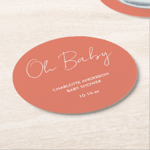 Baby shower script modern terracotta elegant round paper coaster