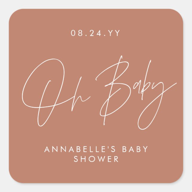Baby shower script modern terracotta elegant square sticker (Front)