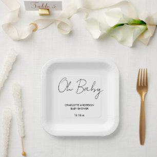 Baby shower script modern white and black elegant paper plate
