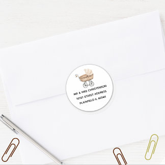 Baby Shower Sepia Vintage Toy Buggy Address Classic Round Sticker