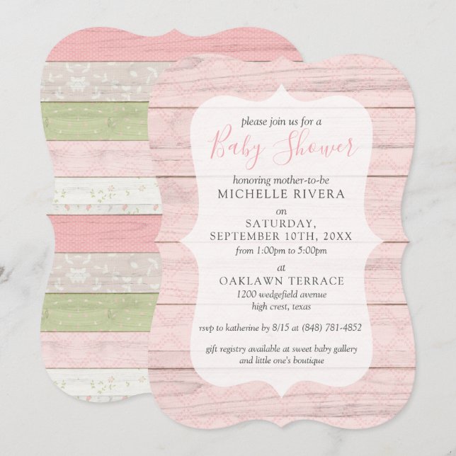Baby Shower Shabby Pink & Sage Green Rustic Wood I Invitation (Front/Back)