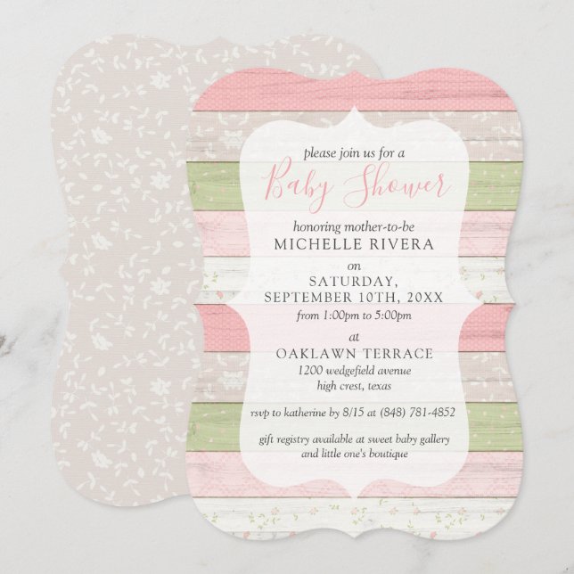 Baby Shower Shabby Pink & Sage Green Rustic Wood Invitation (Front/Back)