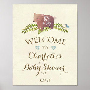 baby shower sign blue it's a boy woodland bear