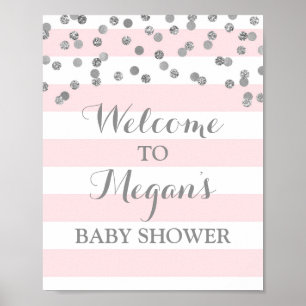 Baby Shower Sign Blush Stripes Silver Confetti