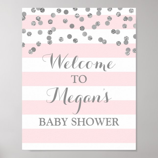Baby Shower Sign Blush Stripes Silver Confetti (Front)