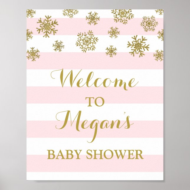 Baby Shower Sign Pink Stripes Gold Snow (Front)