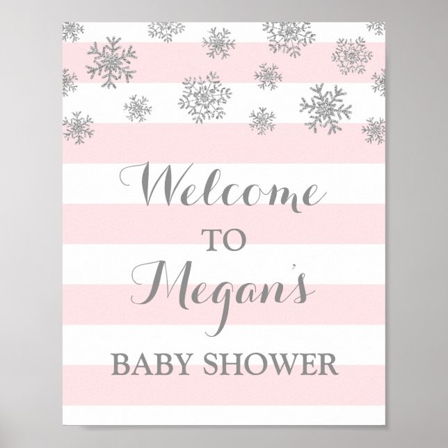 Baby Shower Sign Pink Stripes Silver Snow (Front)