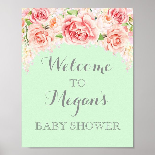 Baby Shower Sign Pink Watercolor Flowers Mint (Front)