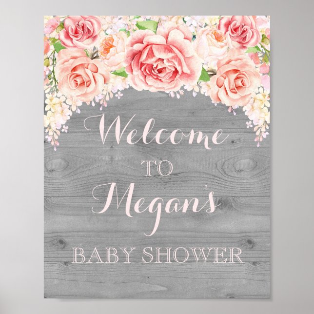Baby Shower Sign Pink Watercolor Flowers Wood (Front)