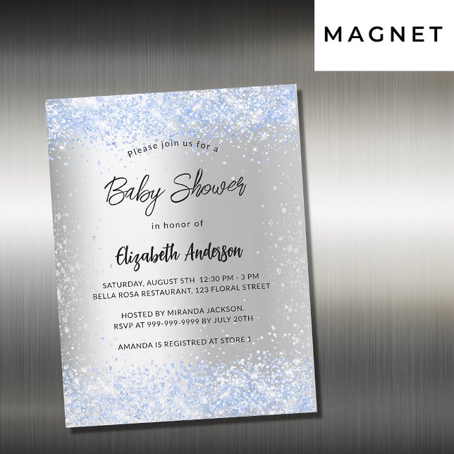 Baby shower silver blue boy confetti luxury magnetic invitation (Creator Uploaded)