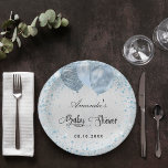 Baby shower silver blue boy glitter balloons paper plate<br><div class="desc">A faux silver metallic looking background.  Decorated with blue faux glitter dust and balloons. Personalise and add a name and date. The name is written with a hand lettered style script</div>