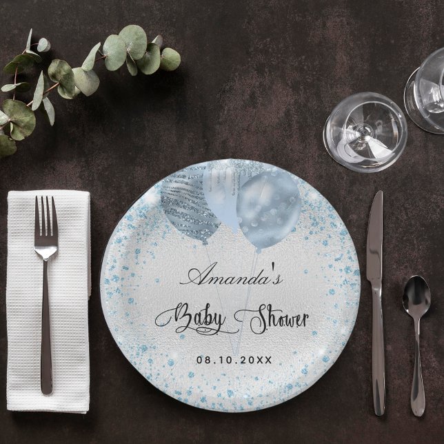 Baby shower silver blue boy glitter balloons paper plate (Creator Uploaded)