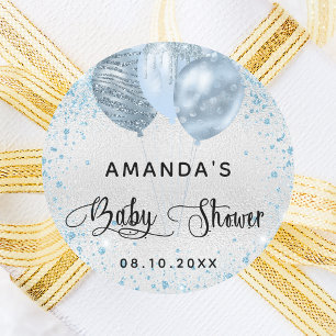 Baby shower silver blue glitter balloons classic round sticker