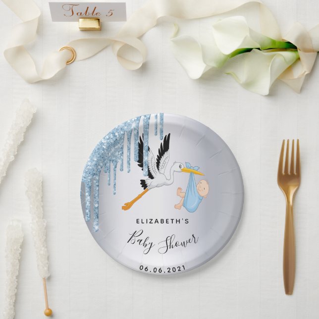Baby shower silver blue stork boy paper plate (Wedding)