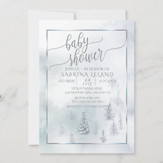 Baby Shower |  Silver Blue Winter Wonderland Announcement (Front)
