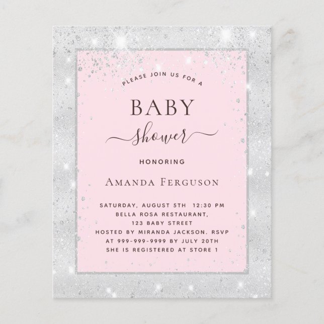 Baby shower silver blush pink girl invitation (Front)