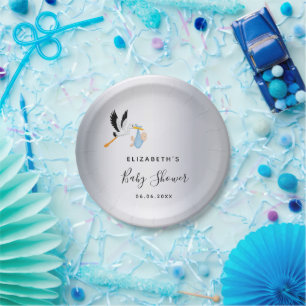 Baby shower silver boy blue stork paper plate