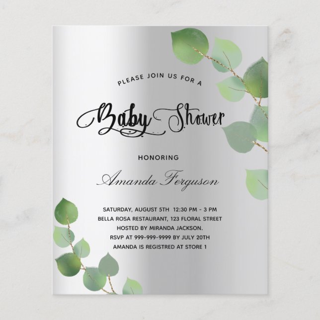 Baby shower silver eucalyptus budget invitation (Front)